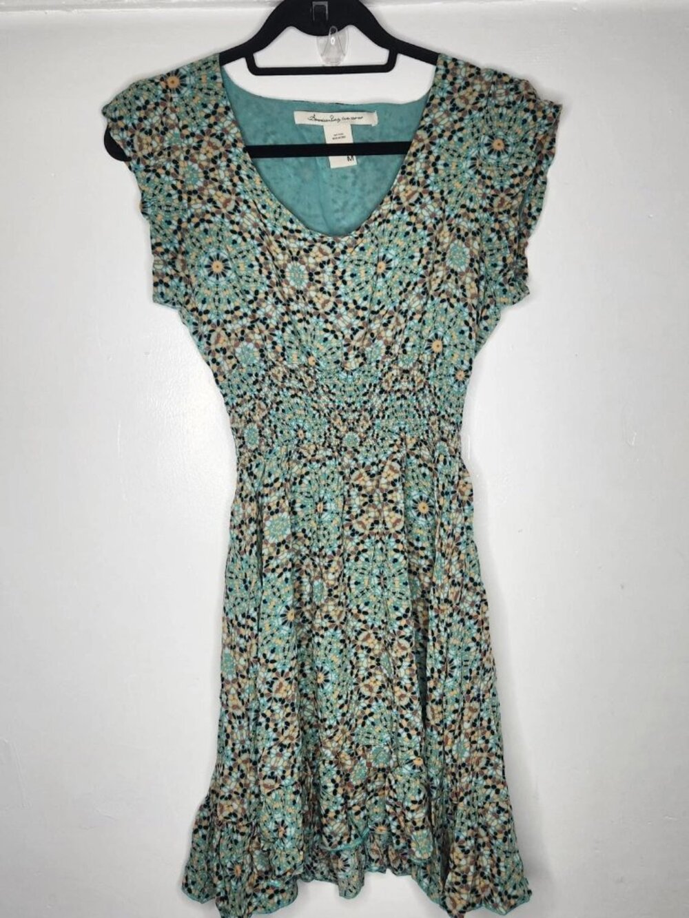 American Rag Cie Dress Womens Medium Teal Floral Smocked Waist Ruffle Hem Boho